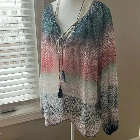 [M] LIVERPOOL LONG SLEEVE SHIRRED BLOUSE WITH NECK  TIES - Picture 4 of 8